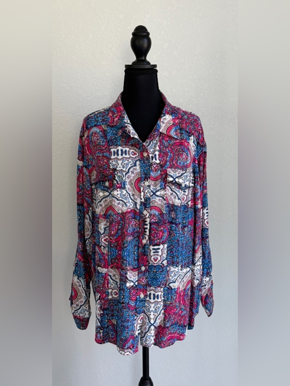 Jones New York Sport Woman Pink, Cream & Blue‎ 3/4 Sleeve Button Down Shirt, 2X